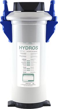 HYDROS Komplettsystem Wasserfiltersystem mit blauer Halterung und Etikett.