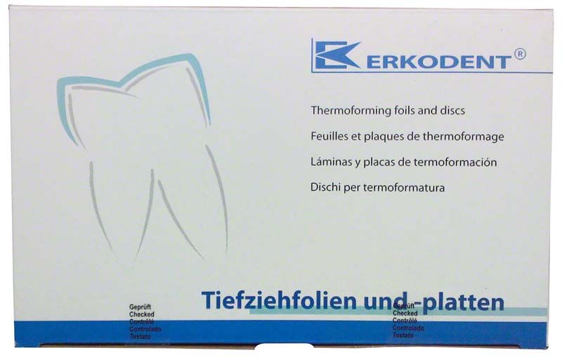 Verpackung der Erkodent Tiefziehfolien und -platten mit Zahn-Symbol.