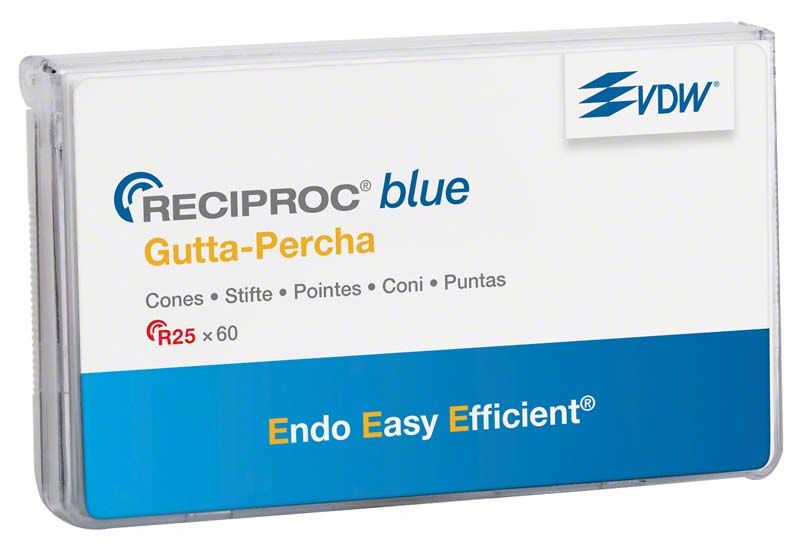 RECIPROC® blue Guttaperchaspitzen R25 in weißer Kunststoffbox.