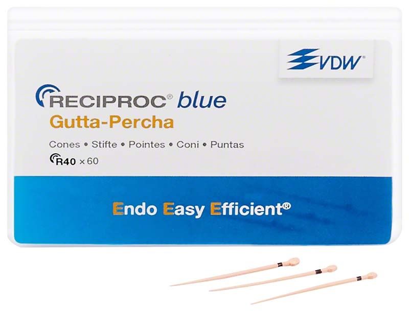 RECIPROC blue Guttaperchaspitzen R40 in Verpackung mit drei Stiften.