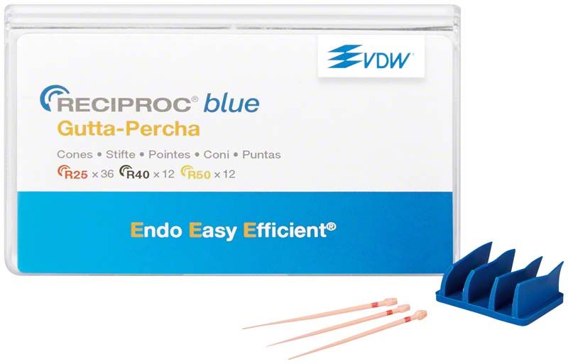RECIPROC blue Guttaperchaspitzen mit Halterung und Größenangaben auf Verpackung.