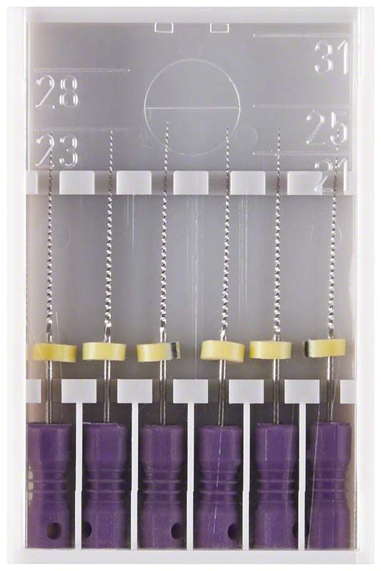 K-Feile 173 25mm ISO 010 Set mit sechs Wurzelkanalfeilen.