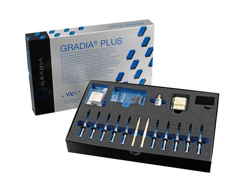 GRADIA® PLUS Paint Set mit mehreren Farbtönen und Zubehör in geöffneter Verpackung