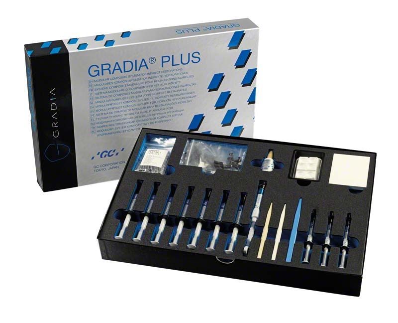 GRADIA® PLUS Gum Shade Set in geöffneter Verpackung mit Zahntechnikzubehör.