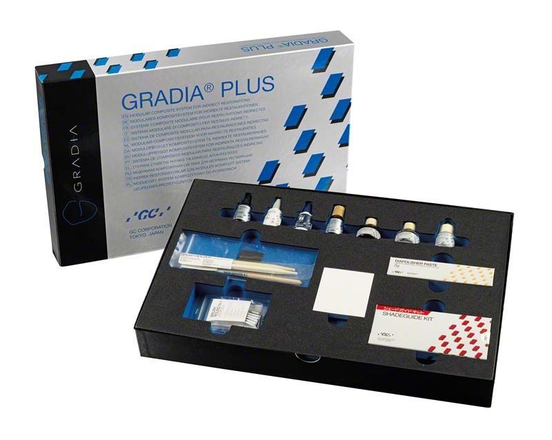 GRADIA® PLUS Zubehörset mit verschiedenen Dentalmaterialien in geöffneter Verpackung
