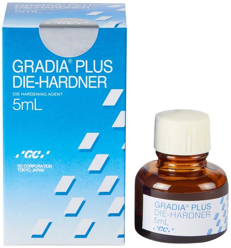 GRADIA® PLUS Die-Hardener Flasche und Verpackung mit blauer Grafik.