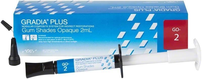 GRADIA® PLUS Opaker GO-2 Spritze mit Verpackung für Zahnrestaurationen.