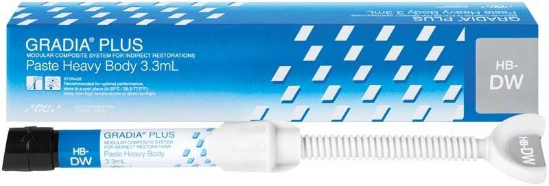 GRADIA® PLUS Paste Heavy Body HB-DW, 3,3 ml, in Verpackung mit Applikator.