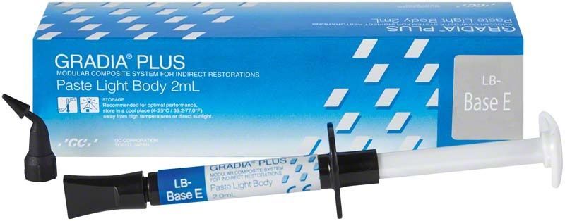 GRADIA® PLUS Paste Light Body LB-Base E in Spritze mit Verpackung.
