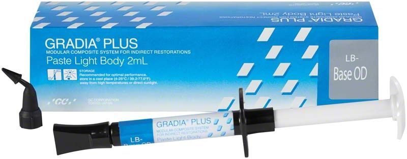GRADIA® PLUS Paste Light Body LB-Base OD mit Applikationsspritze und Verpackung.