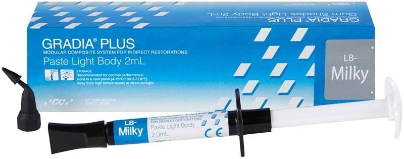 GRADIA® PLUS Paste Light Body LB-Milky 2ml in Spritze mit Verpackung.