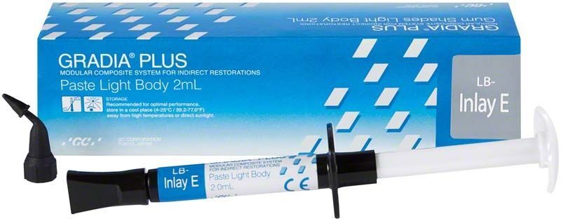 Gradia® Plus Paste Light Body LB-Inlay E mit Verpackung und Applikationsspritze.