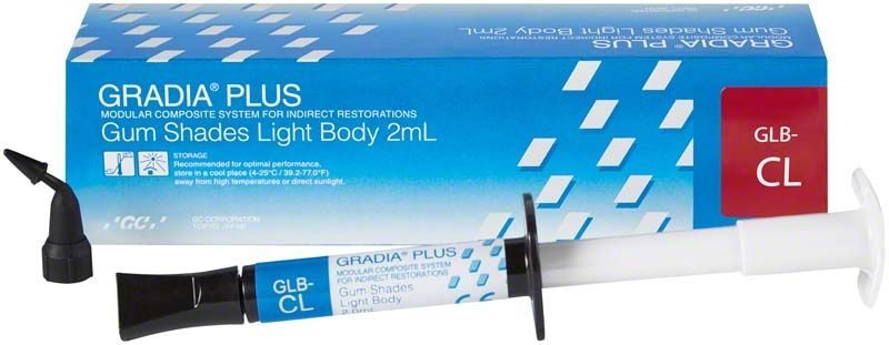 GRADIA® PLUS Paste Light Body GLB-CL mit Verpackung und Applikationsspritze.
