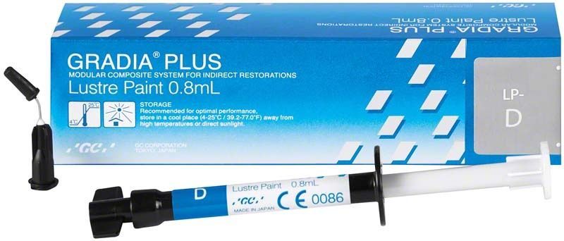 GRADIA® PLUS Lustre Paint LP-D Spritze mit Verpackung im Hintergrund.