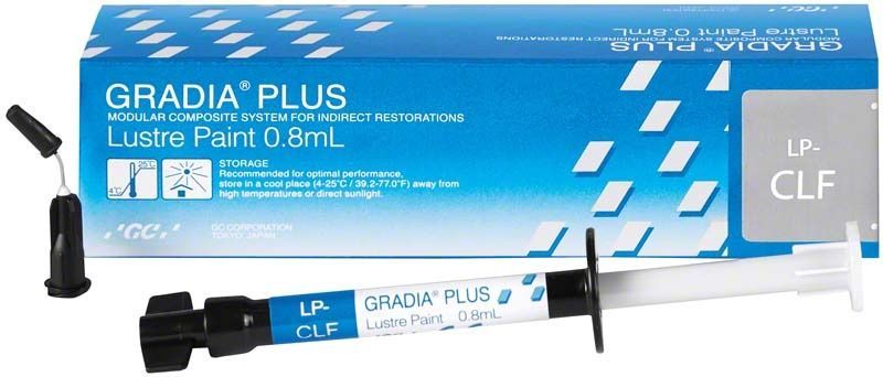 GRADIA® PLUS Lustre Paint LP-CLF in Spritze mit Verpackung.