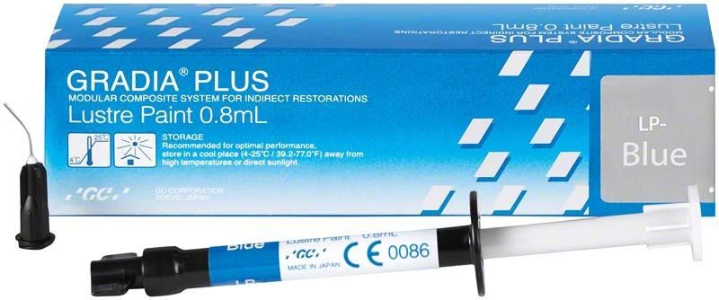 GRADIA® PLUS Lustre Paint LP-blau Spritze und Verpackung mit Produktaufdruck.