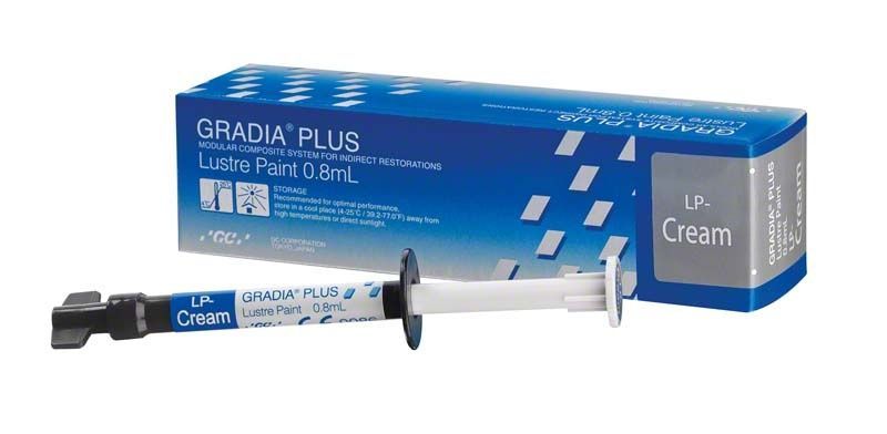 Verpackung und Spritze von GRADIA® PLUS Lustre Paint LP-creme, 0,8 ml