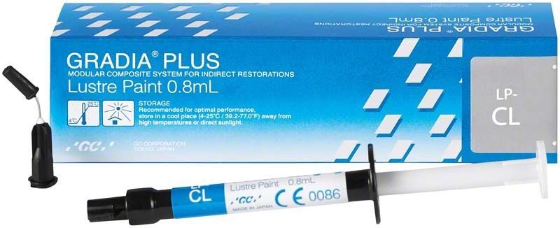 GRADIA® PLUS Lustre Paint LP-CL in 0,8 mL Dosierspritze mit Verpackung.