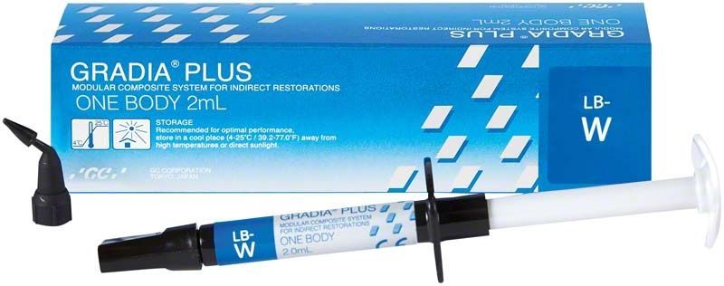 Gradia® PLUS One Body LB-W Spritze und Verpackung in Blau und Weiß.