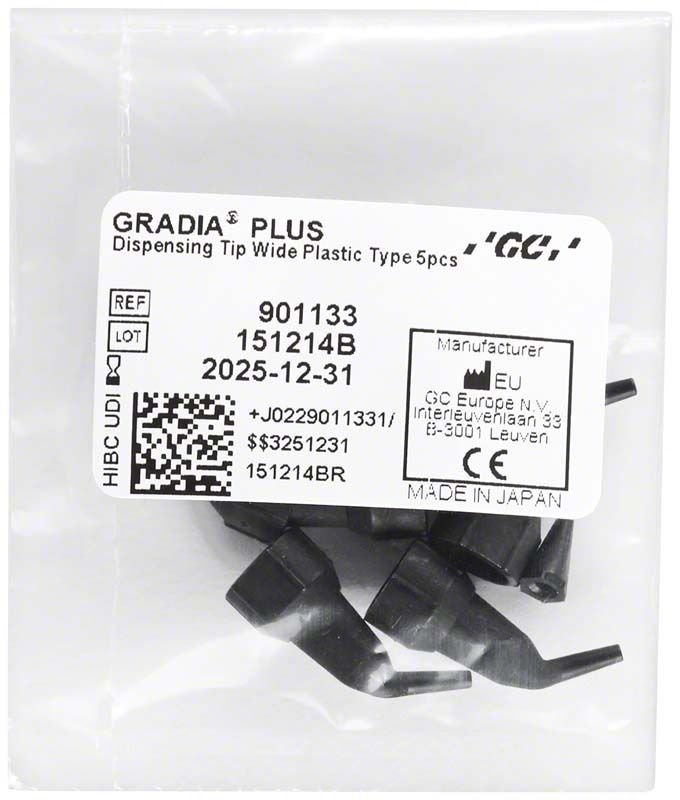 Dosierspitzen aus Plastik für GRADIA® Plus in transparenter Verpackung.