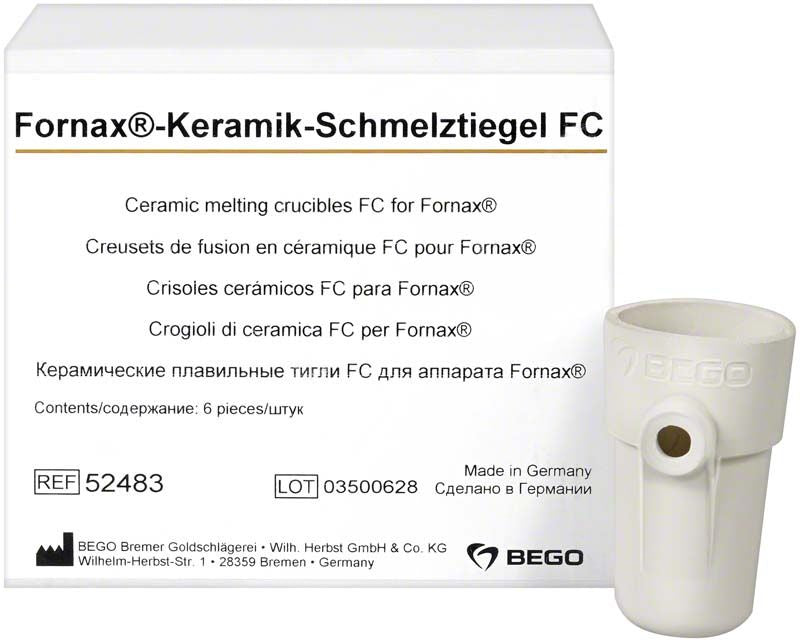 Fornax-Keramik-Schmelztiegel mit Verpackung und Herstellerangaben von BEGO.