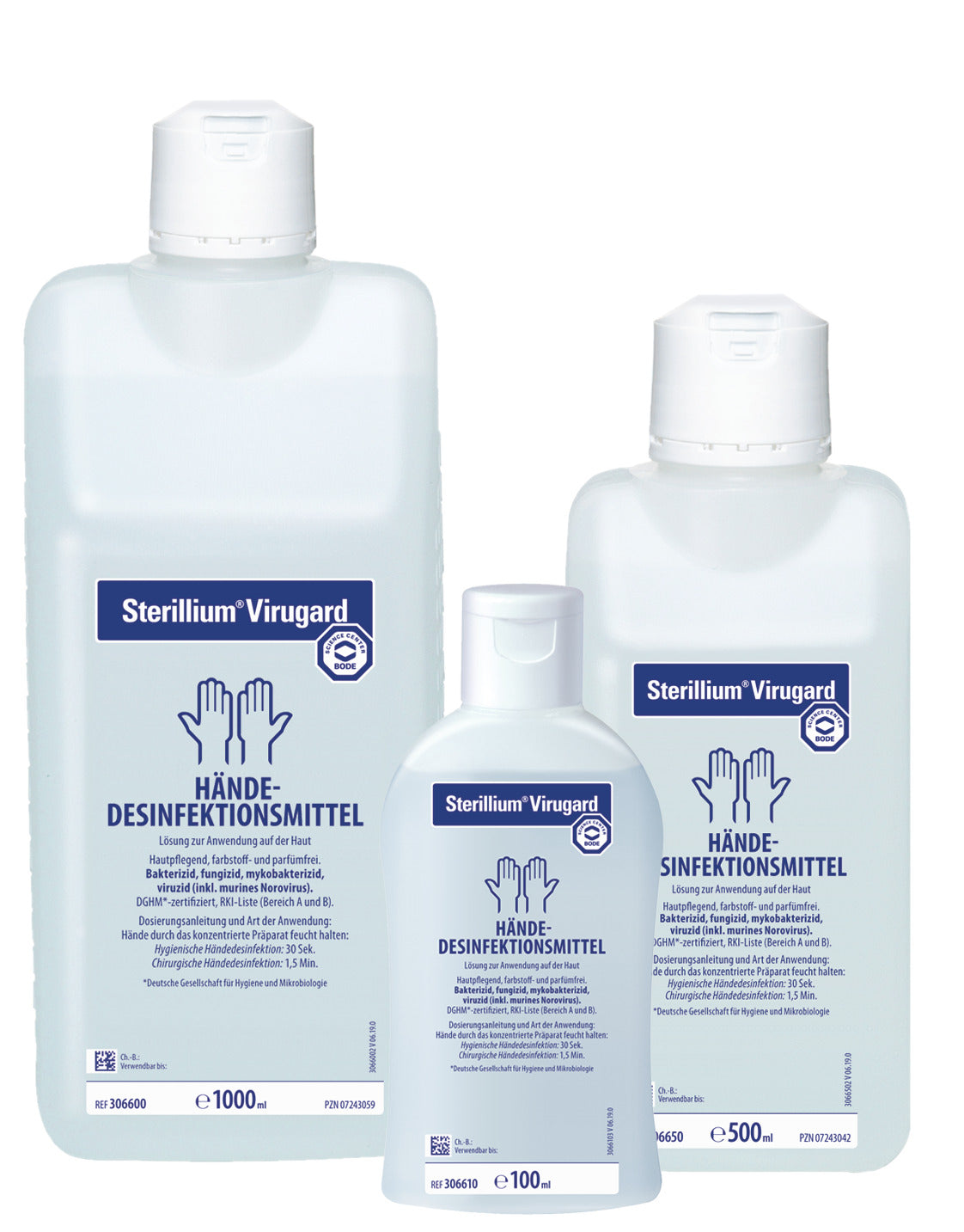 Sterillium Virugard Händedesinfektionsmittel in 100 ml, 500 ml und 1000 ml Flaschen.