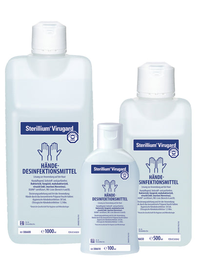 Sterillium Virugard Händedesinfektionsmittel in 100 ml, 500 ml und 1000 ml Flaschen.
