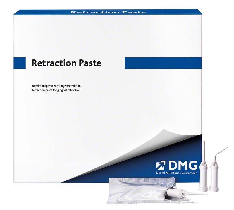Retraction Paste von DMG in weißer Verpackung mit Compule-Applikatoren.