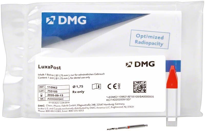 LuxaPost Bohrer 1,75mm mit Verpackung und Herstellerinformationen.