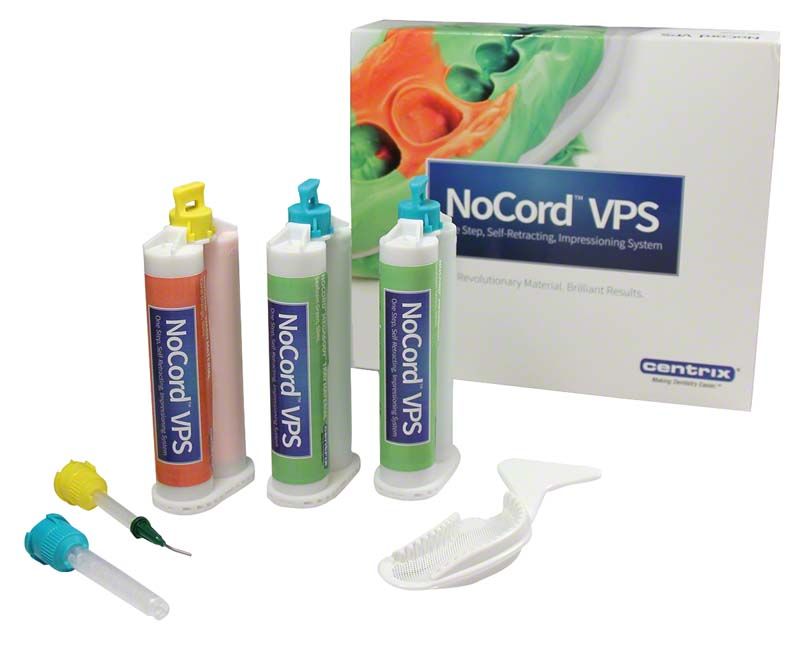 NoCord™ VPS Einführungs-Kit mit Kartuschen und Mischspitzen vor Verpackung.