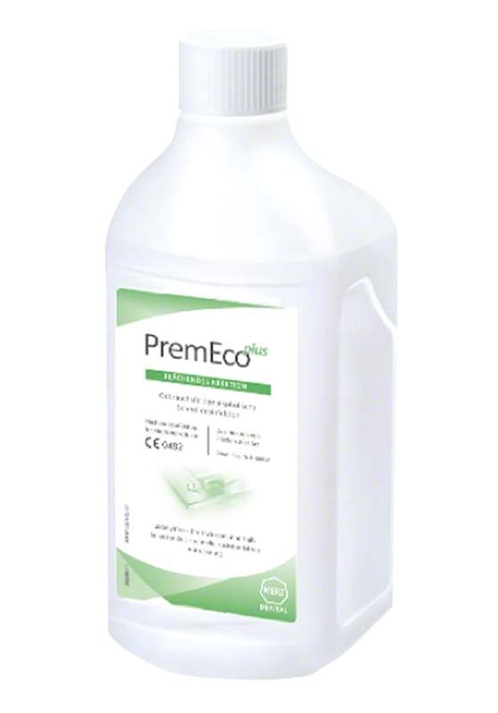 Weiße PremEco plus Flasche mit grünem Etikett und Produktinformationen.