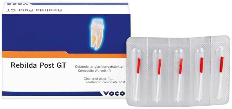 Rebilda Post GT Wurzelstift-Set mit sechs roten Glasfaserstiften.