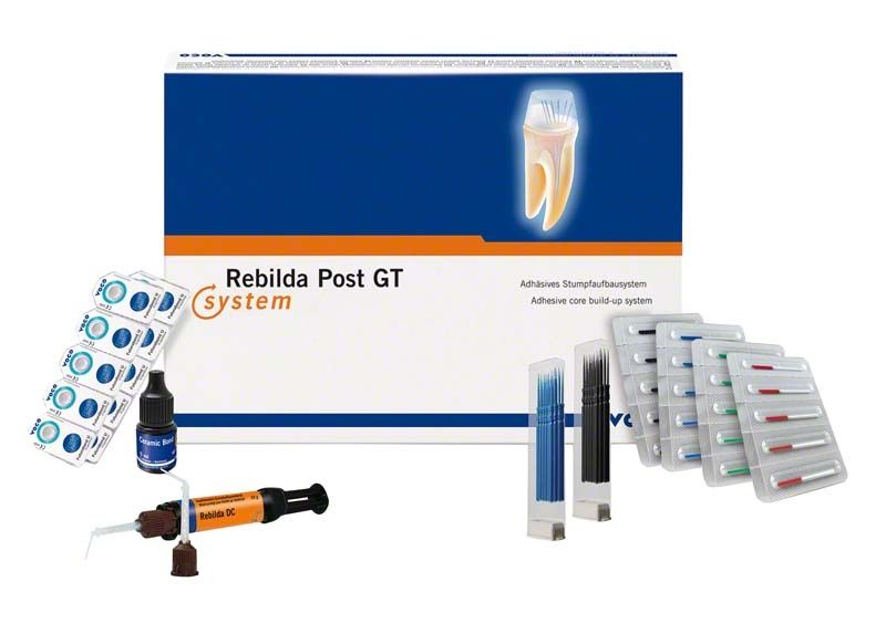 Rebilda Post GT System Set mit Glasfaserstiften und Zubehör auf Verpackung.