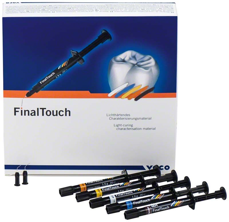 FinalTouch® Set mit lichthärtenden Charakterisierungsmaterialien und Applikationsspritzen.