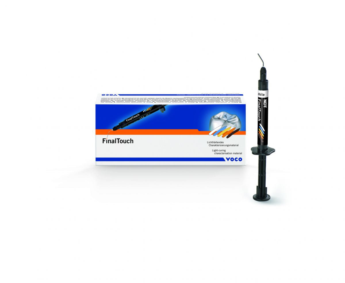 FinalTouch® Spritze blau mit Verpackung und Produktbeschreibung im Hintergrund.