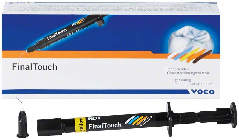 FinalTouch® Spritze gelb mit Verpackung und Lichtaushärtungshinweis.