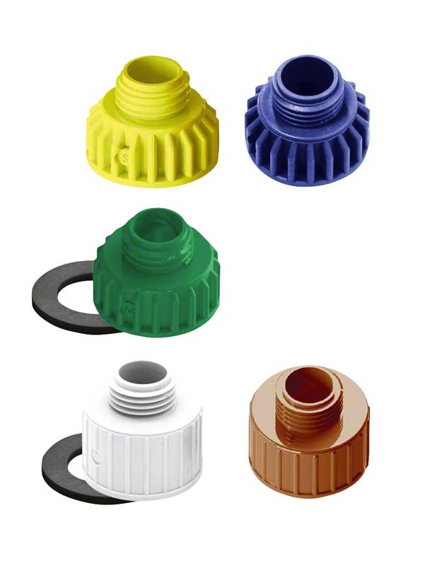 Farbige Flaschenadapter mit Dichtungsringen in verschiedenen Größen.