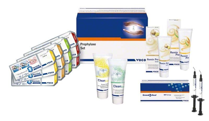 Prophylaxe Set mit Zahnpasten, Versiegelung und Fluoridierungsprodukten von VOCO.