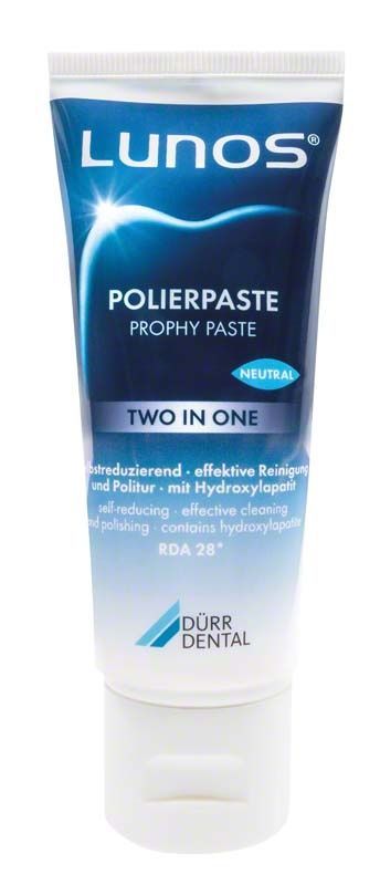 Lunos® Polierpaste Two-in-One in einer blauen Tube mit weißen Details.