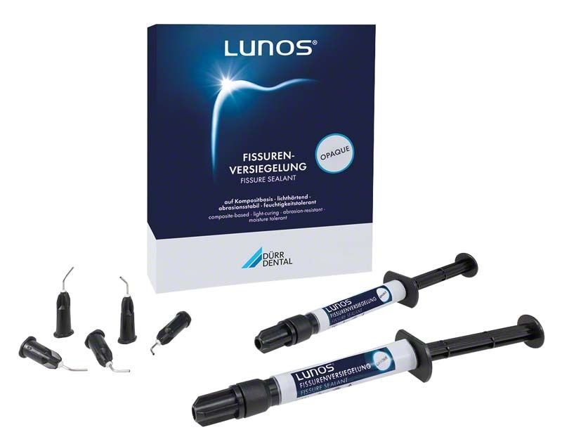 Lunos® Fissurenversiegelung opaque mit Verpackung und Applikationsspritzen.