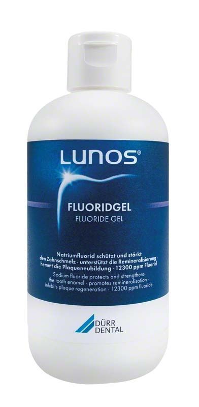 Lunos® Fluoridgel-Flasche mit blauem Etikett und Produktinformationen.