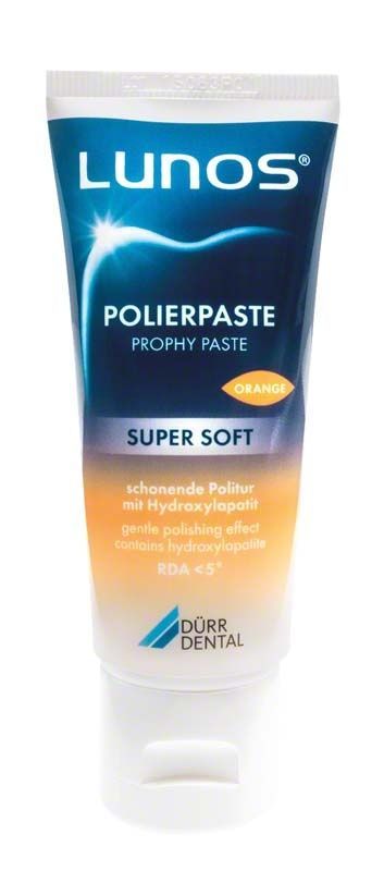Lunos® Polierpaste Super Soft Orange Tube mit blauem und orangem Design.