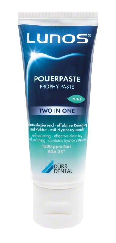 Lunos® Polierpaste Two-in-One Mint Tube mit blauer und weißer Verpackung.
