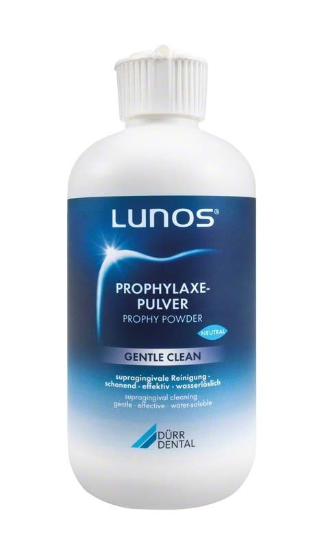 Lunos® Prophylaxepulver Gentle Clean Neutral in weißer Flasche.
