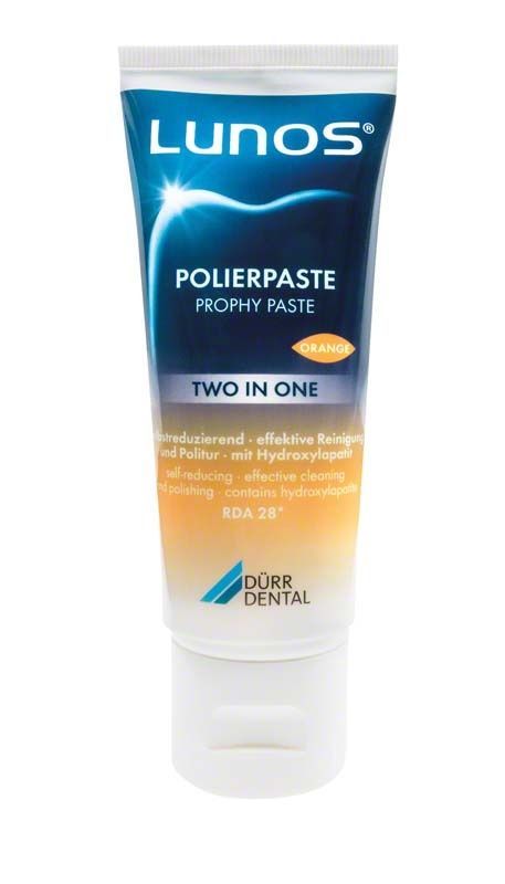 Lunos® Polierpaste Two-in-One Orange Tube mit Produktinformationen.