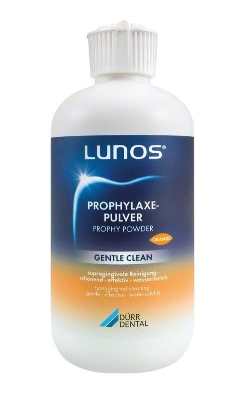 Lunos Prophylaxepulver Gentle Clean Orange in weißer Flasche.