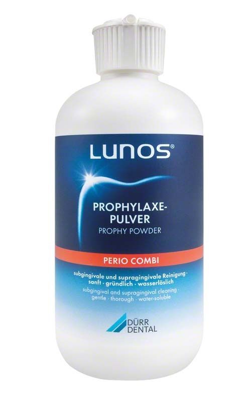 Lunos® Prophylaxepulver Perio Combi Flasche mit blauem Etikett.