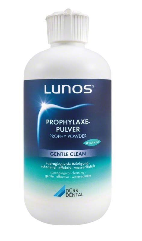 Lunos® Prophylaxepulver Gentle Clean Mint in weißer Flasche mit Etikett.