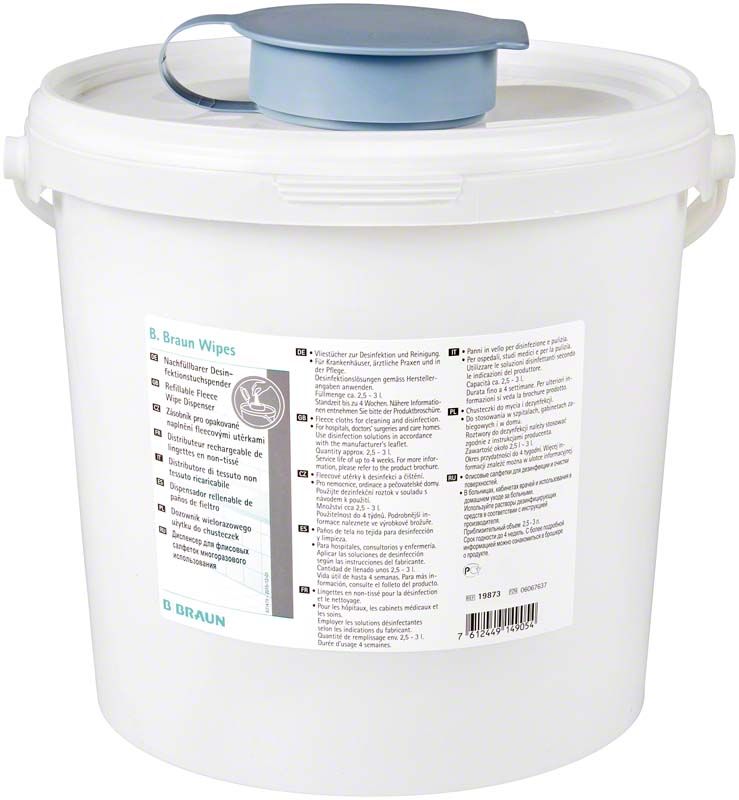 Großer Spender mit grauem Deckel und Etikett für Reinigungstücher.