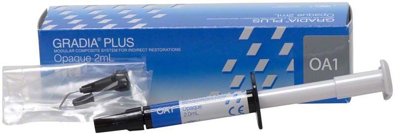 GRADIA® PLUS Opaker OA1 Spritze mit Verpackung und Zubehör.